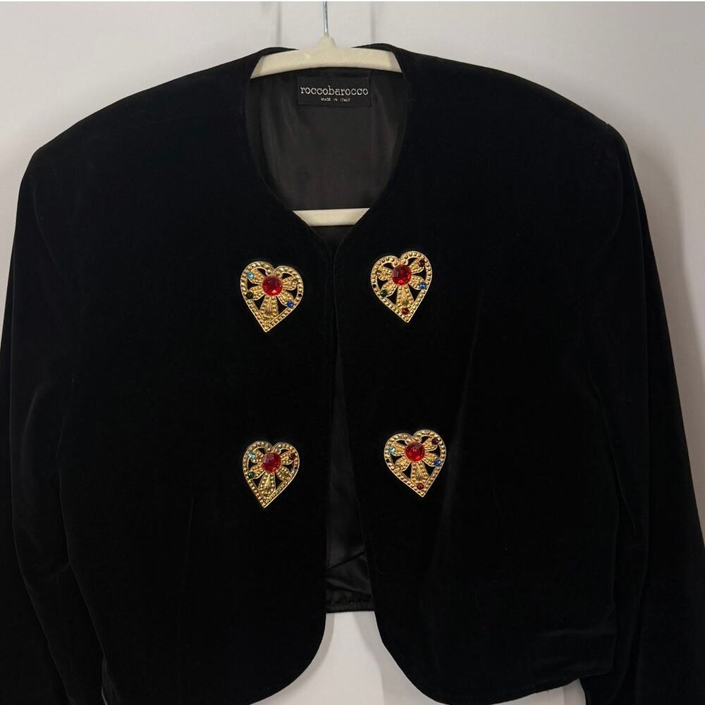 Roccobarocco Vintage Black Velvet Cropped Jacket Gold Jeweled Hearts Sz 42 IT